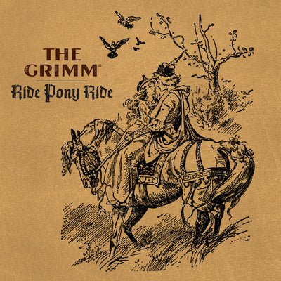 Illustration of a person riding a pony with 'The Grimm Ride Pony Ride' text on a brown background