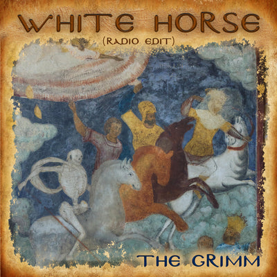 Album cover with artistic depiction of people on horseback and text 'White Horse (Radio Edit) The Grimm'.