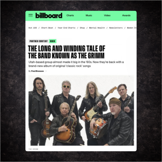 Website page with a band image and text on a dark textured background